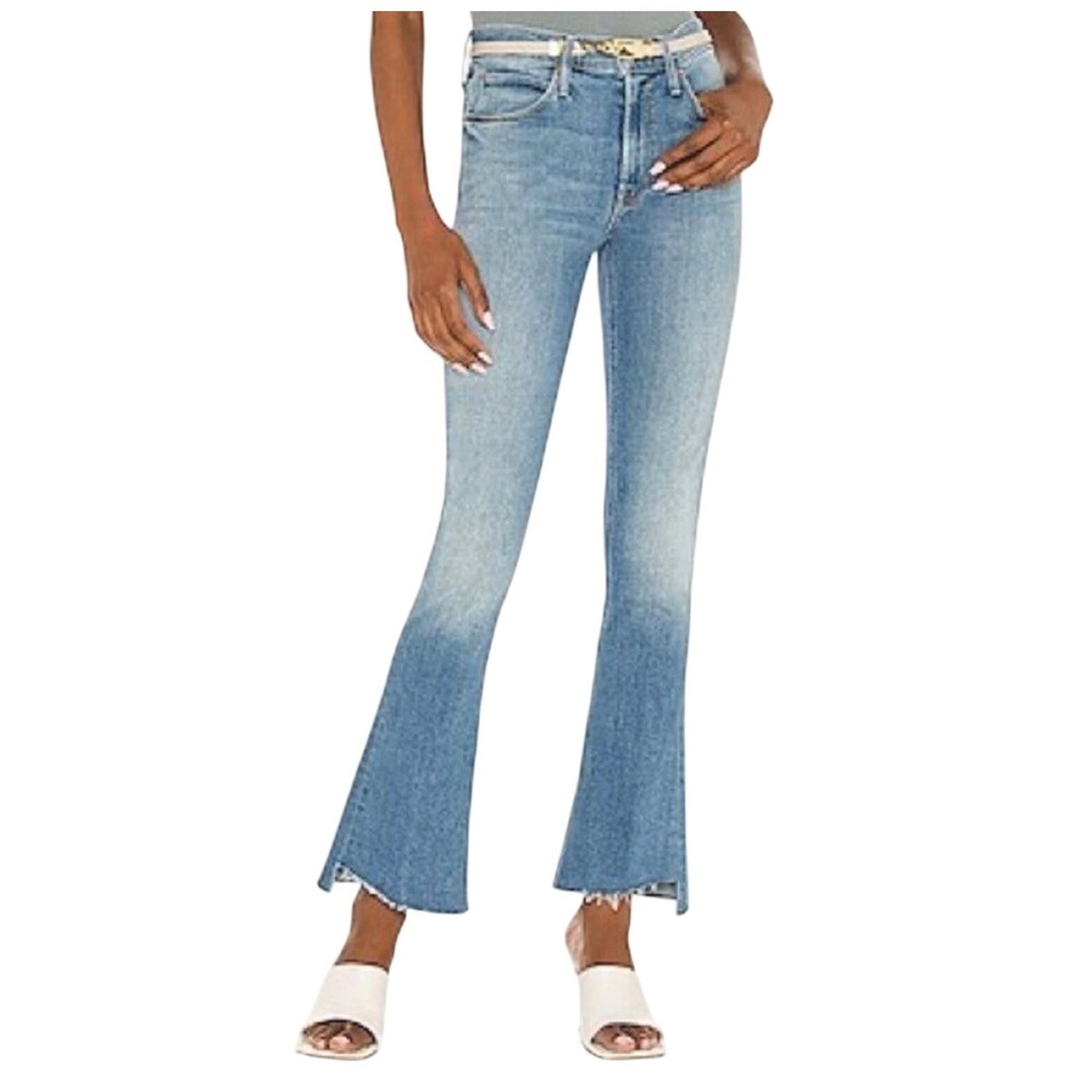 Mother High Waisted Runaway Step Fray Kick Flare Jean Kiss and Make Up Blue 24